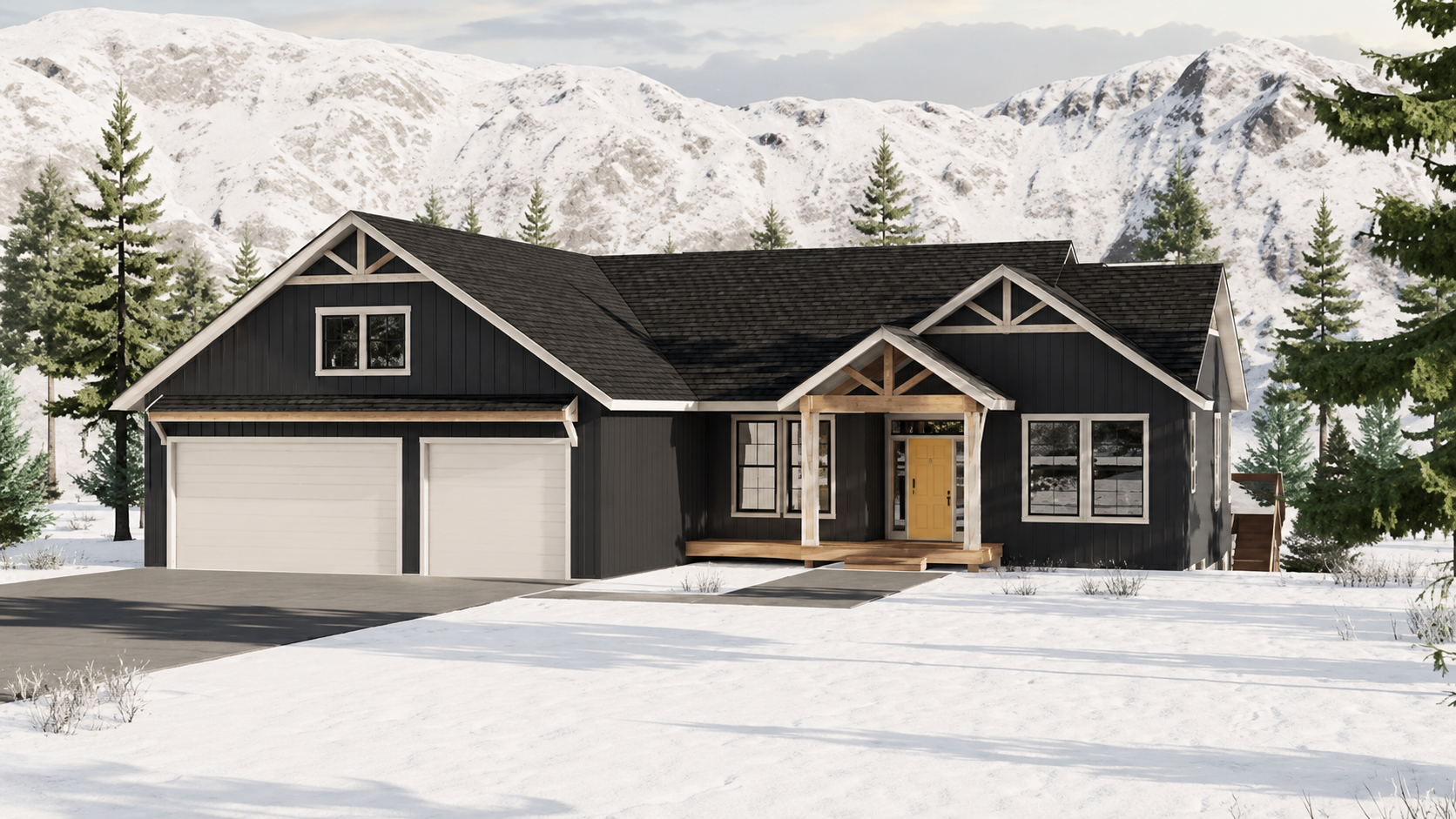 Smith Family Home — current exterior with a fresh charcoal repaint, white trim, natural wood porch accents, and a mustard-yellow front door